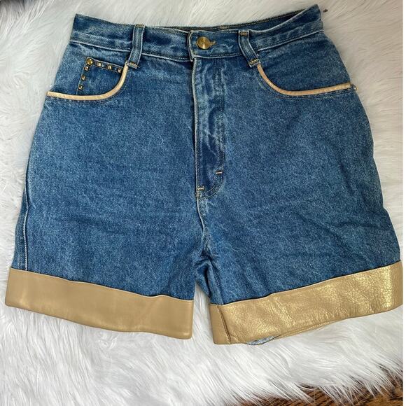 VTG 90s Y2K Cache Gold Tag Denim and Gold Leather Trim Studded Shorts Size 4 - Picture 1 of 6